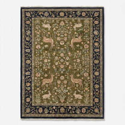 Indo-Persian hand-knotted wool area rug with animal floral pattern in living room setting