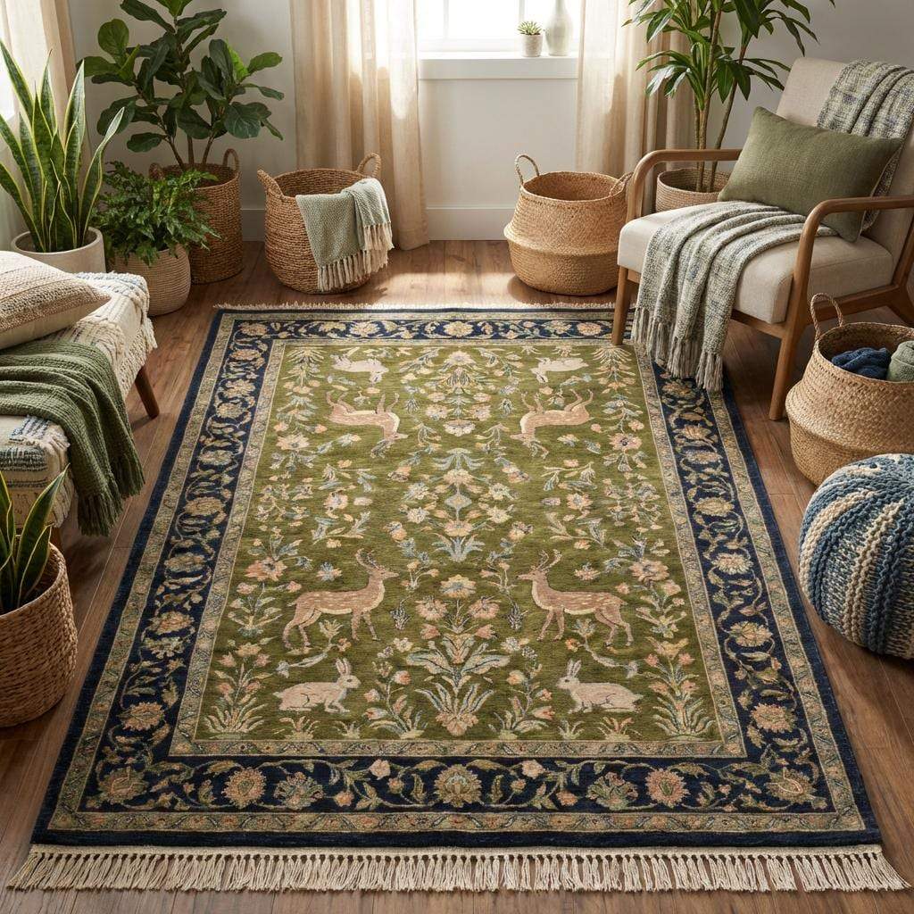 Indo-Persian hand-knotted wool area rug with animal floral pattern in living room