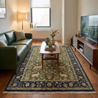 Indo-Persian hand-knotted wool area rug with animal floral pattern in living room