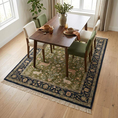 Indo-Persian hand-knotted wool area rug with animal floral pattern in living room