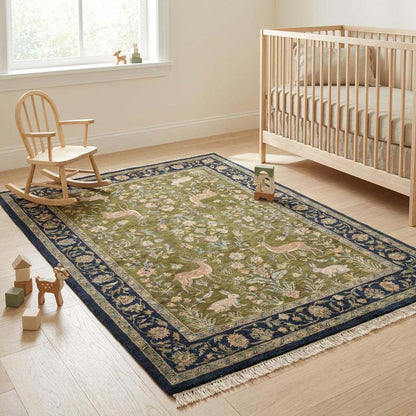 Indo-Persian hand-knotted wool area rug with traditional animal floral pattern in living room setting