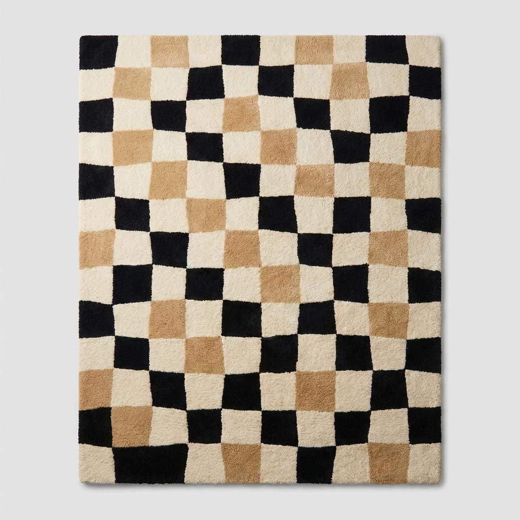 Neutral living room styled with modern checkerboard rug creating bold graphic floor accent __etsy:7640797059
