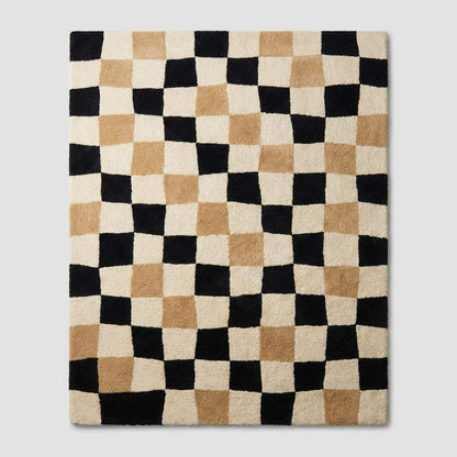 Neutral living room styled with modern checkerboard rug creating bold graphic floor accent __etsy:7640797059