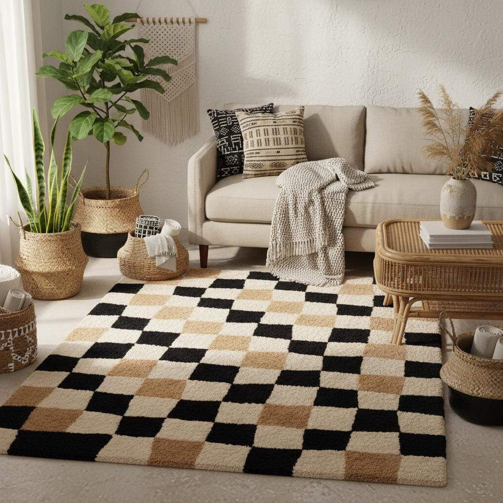 Geometric checkerboard pattern rug with alternating cream, camel, and black squares __etsy:7640797109