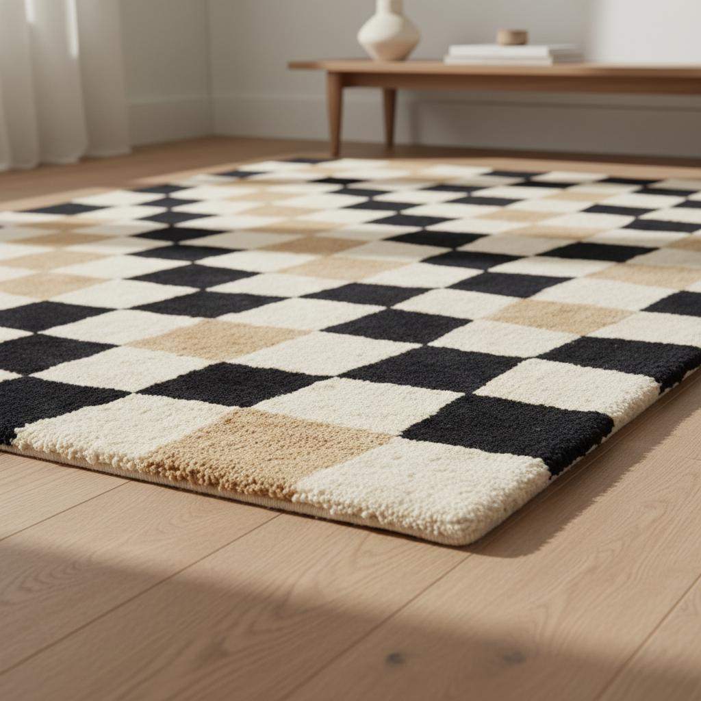 Irregular Checkered Area Carpet | Modern Beige & Black Squares Mat | Hand Tufted Trendy Neutral Room Decor __etsy:7592842028