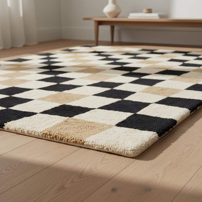 Irregular Checkered Area Carpet | Modern Beige & Black Squares Mat | Hand Tufted Trendy Neutral Room Decor __etsy:7592842028