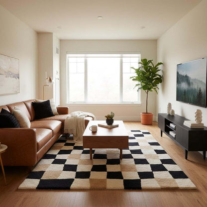 Cream tan and black color palette rug blending warm neutrals with deep contrast __etsy:7592842034