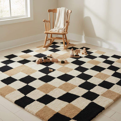 Irregular Checkered Area Carpet | Modern Beige & Black Squares Mat | Hand Tufted Trendy Neutral Room Decor __etsy:7592842048