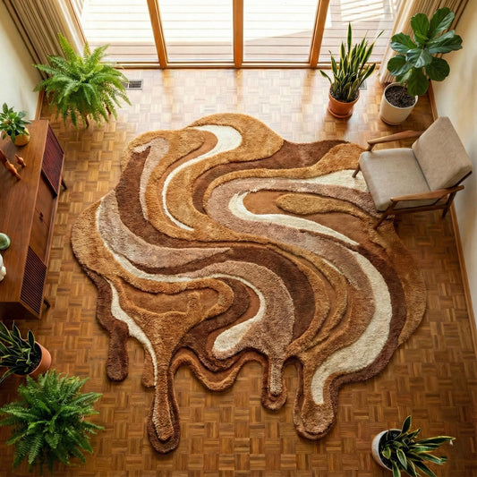 Irregular shaped abstract rug with carved texture in earth tones for modern living room