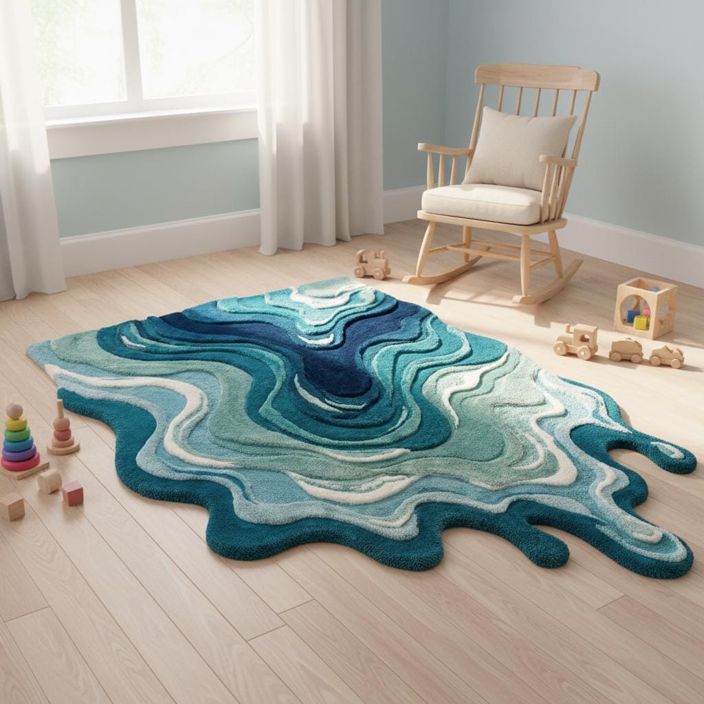 Hand tufted irregular shaped melting rug with blue abstract swirl pattern and layered texture