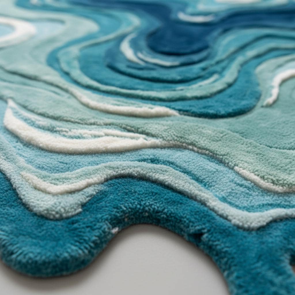 Hand tufted irregular shaped melting rug with blue abstract swirl pattern and carved layered texture