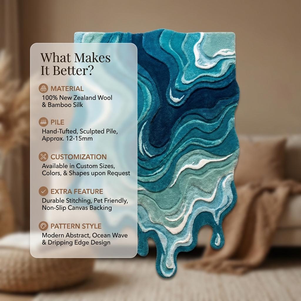 Irregular shaped melting rug with blue abstract swirl pattern and layered carved texture