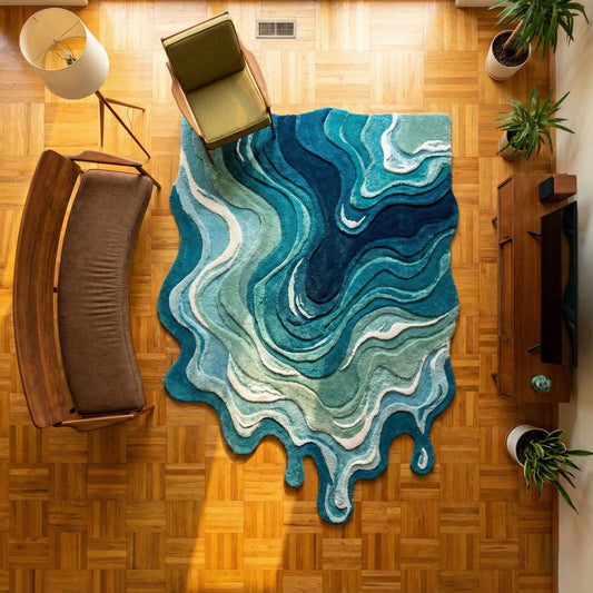 Irregular shaped melting rug with flowing abstract wave design, hand tufted modern area rug in blue and teal tones