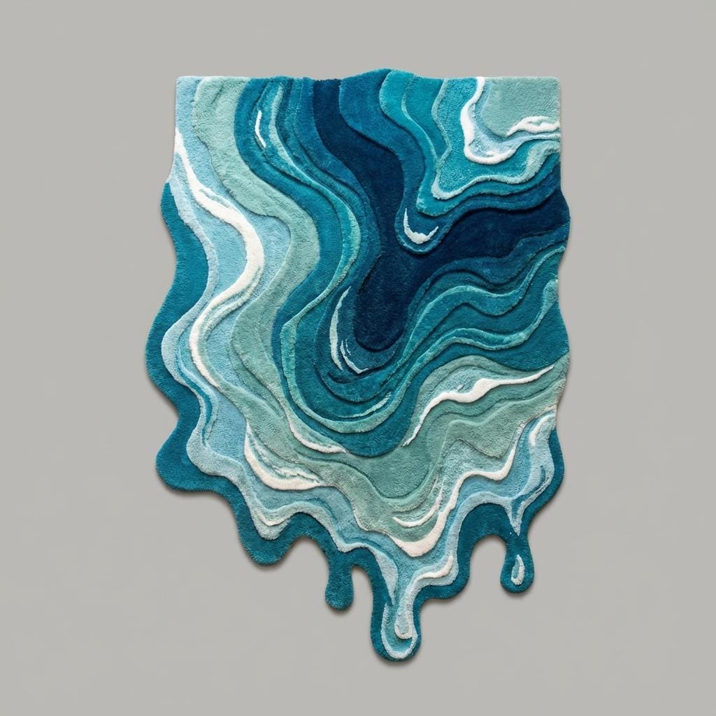 Hand tufted irregular shaped melting rug with blue abstract swirl pattern and layered texture