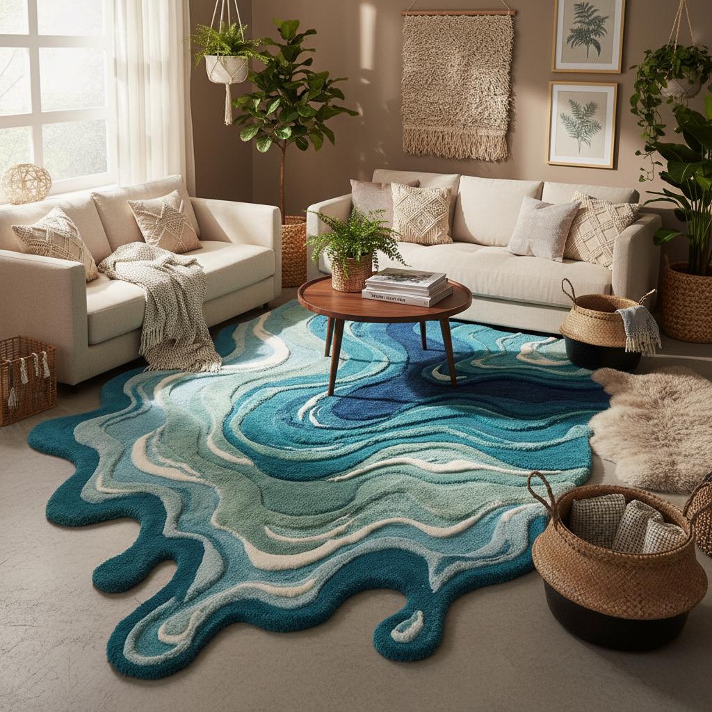 2x2 irregular shaped melting rug with blue abstract swirl, hand tufted modern art carpet