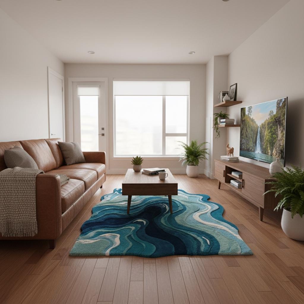 Hand tufted irregular shaped melting rug with blue abstract swirl design and carved layered texture