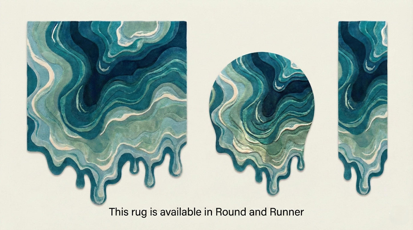 Hand tufted irregular shaped melting rug with blue abstract swirl design and carved layered texture