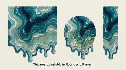 Hand tufted irregular shaped melting rug with blue abstract swirl design and carved layered texture