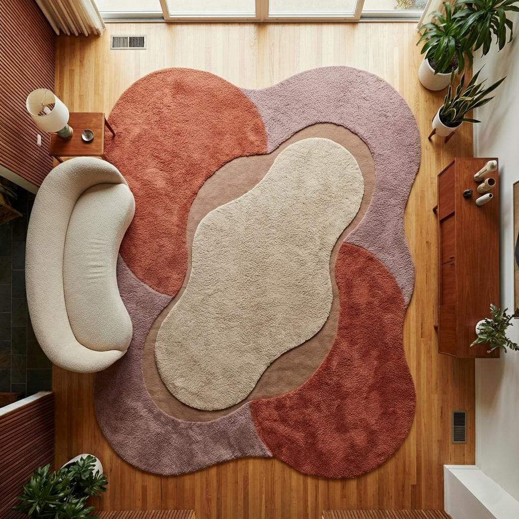 Organic shape abstract rug in terracotta, mauve, and beige tones styled in a modern living room with wood flooring and curved sofa. __etsy:7544678955