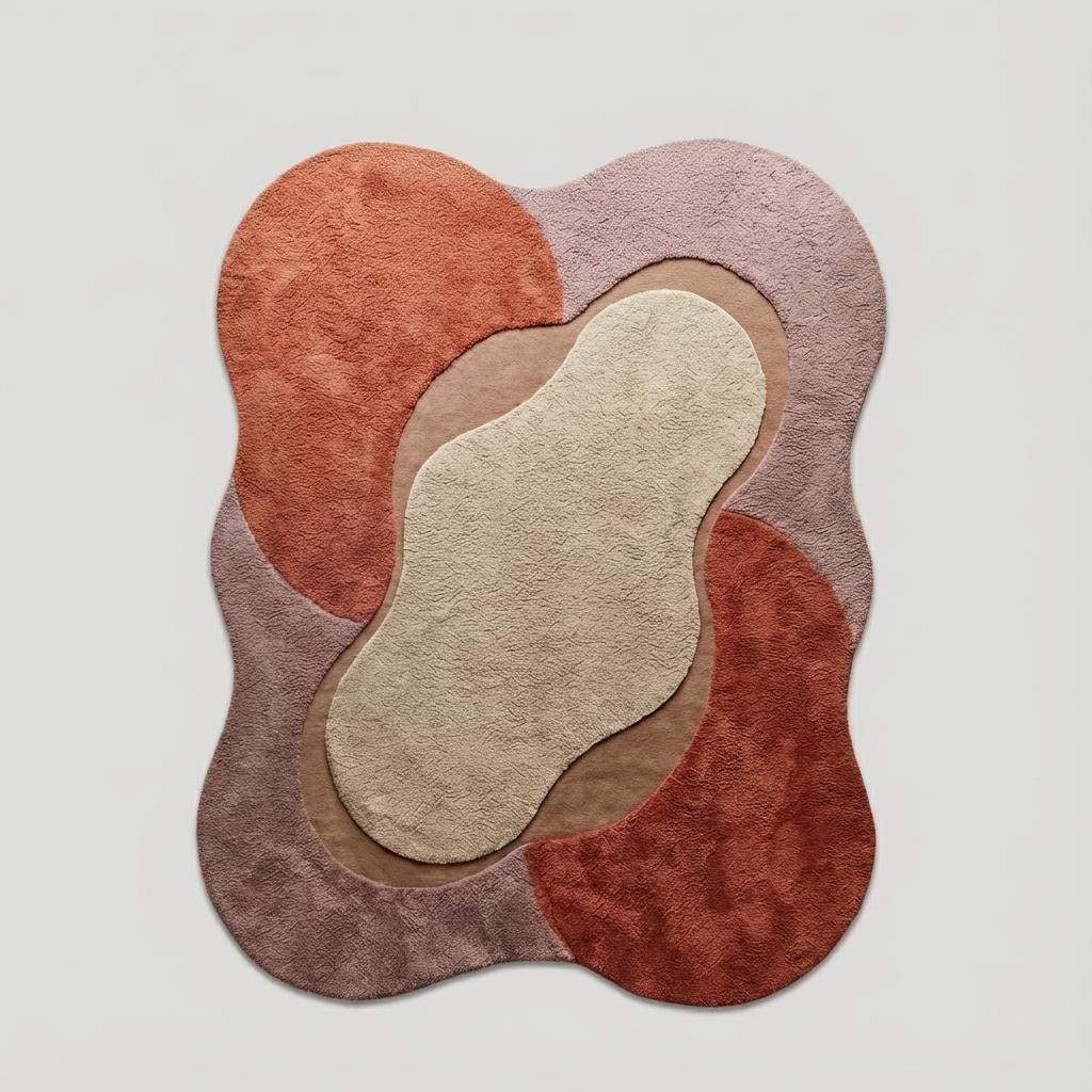 Irregular wavy area rug with layered colors creating a soft contemporary centerpiece in a cozy living space. __etsy:7544676679