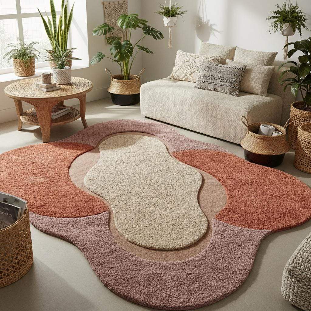 Mid century modern inspired rug with sculptural curved edges and warm earthy palette placed under minimalist furniture. __etsy:7544676733