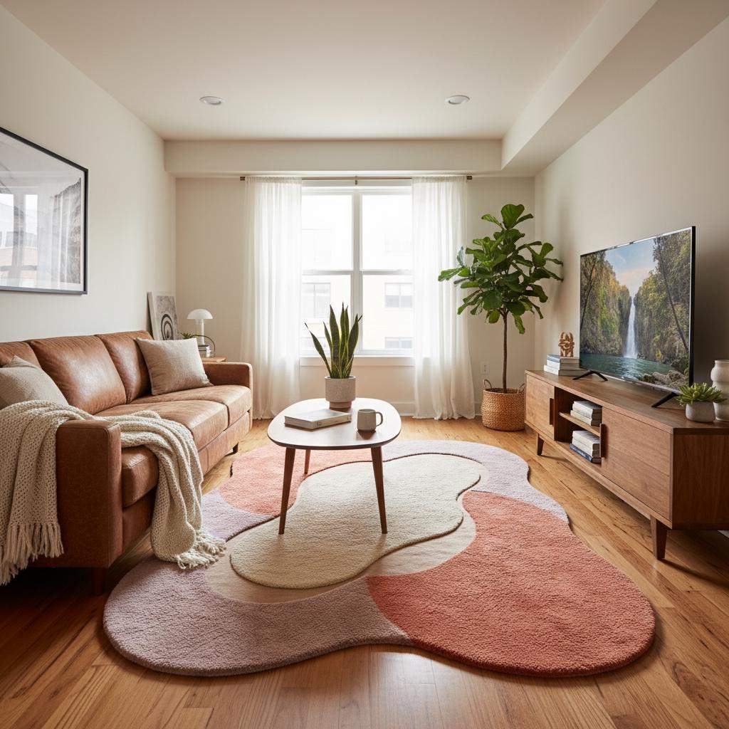 Large abstract carpet featuring organic curves and multi-tone layers enhancing a modern neutral home décor aesthetic. __etsy:7496741868