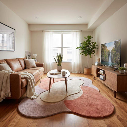 Large abstract carpet featuring organic curves and multi-tone layers enhancing a modern neutral home décor aesthetic. __etsy:7496741868