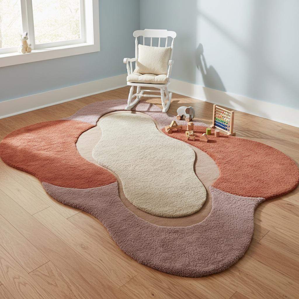 Contemporary wavy rug design with terracotta and mauve accents adding texture and warmth to a stylish living room. __etsy:7496741870