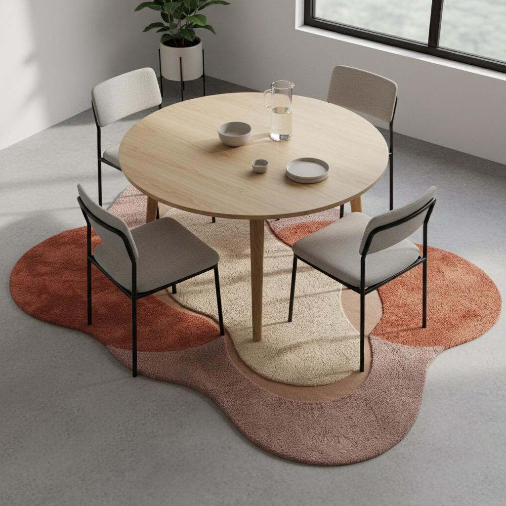 Statement modern art rug with irregular organic shape showcased on hardwood flooring beside indoor plants. __etsy:7496741862