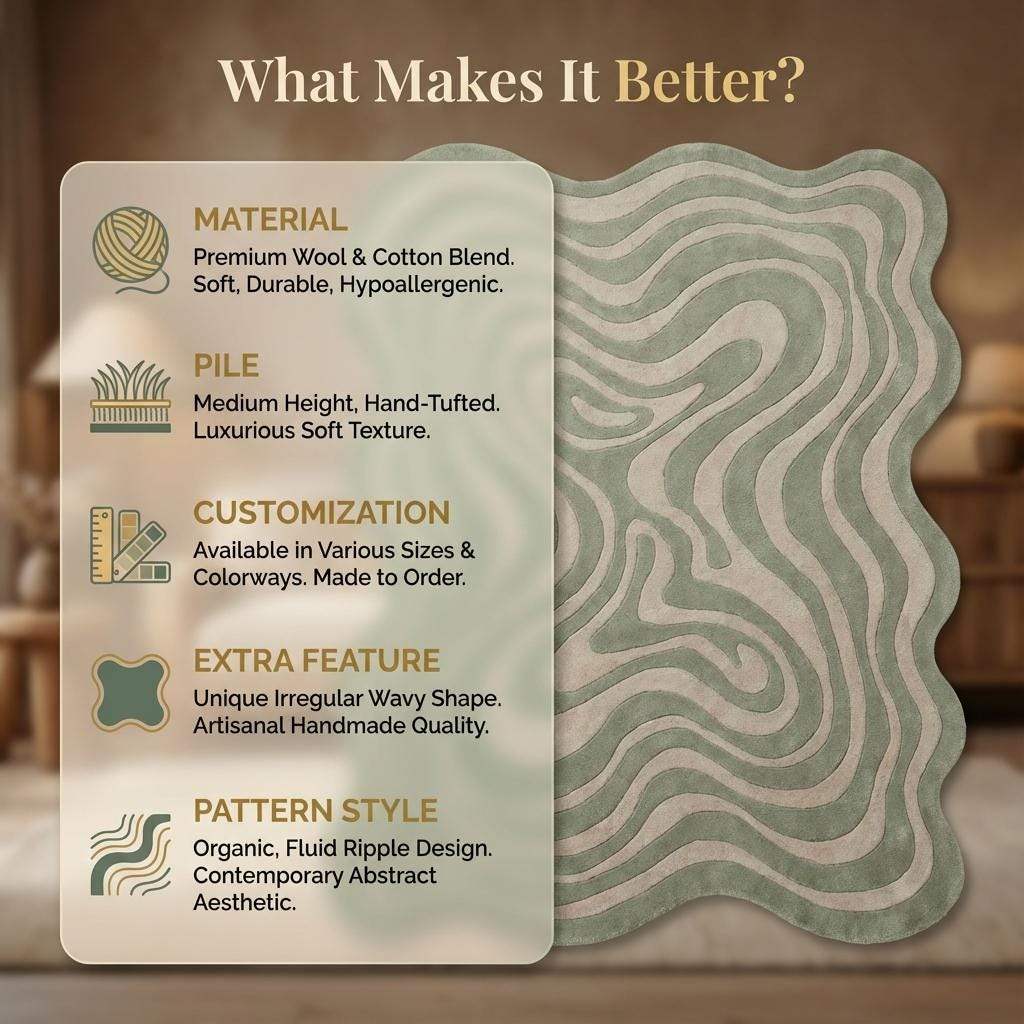 Irregular Squiggly Abstract Sage Green Rug, Modern Wavy Hand Tufted Accent Rug
