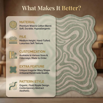 Irregular Squiggly Abstract Sage Green Rug, Modern Wavy Hand Tufted Accent Rug