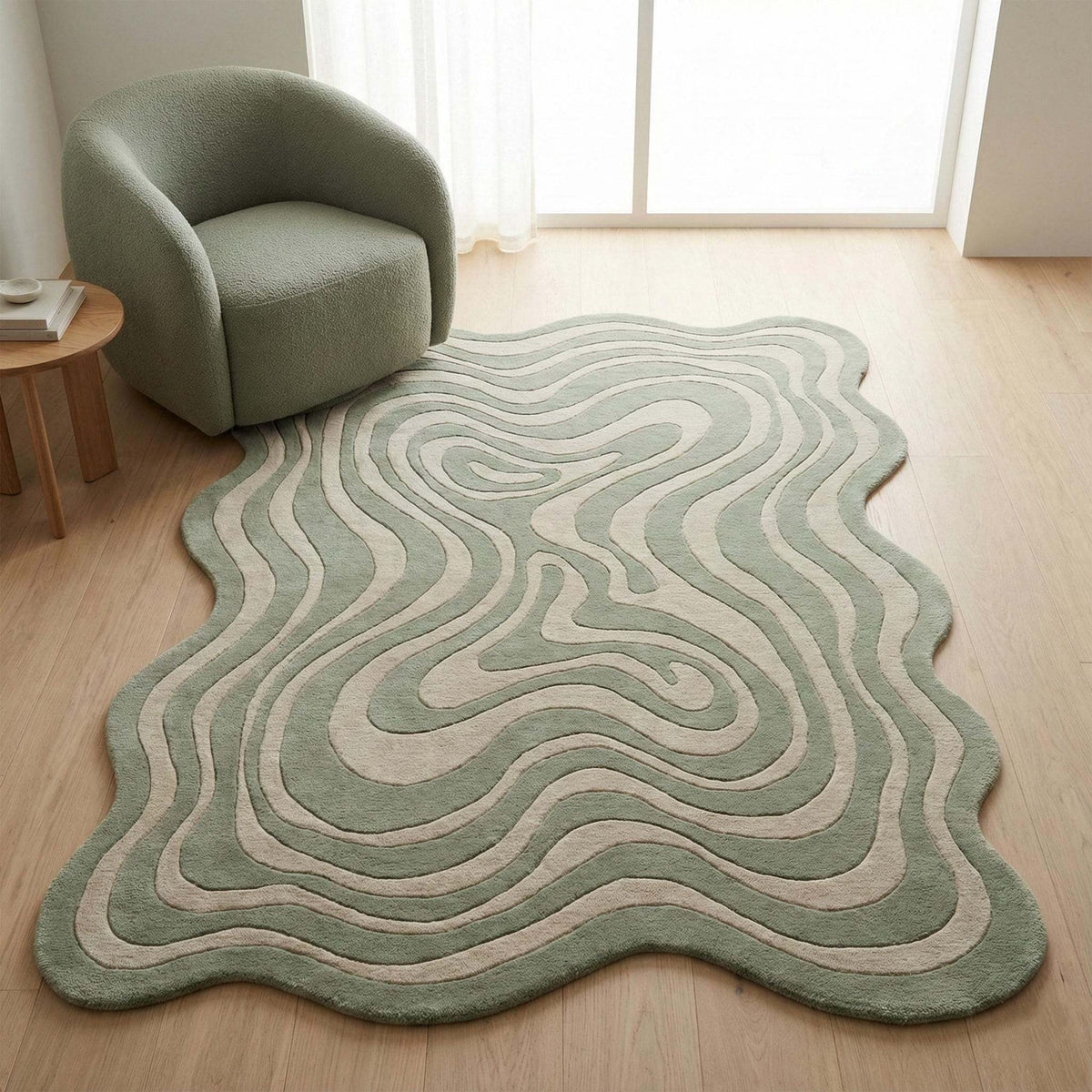 Irregular squiggly abstract sage green hand tufted accent rug with wavy lines and organic shape