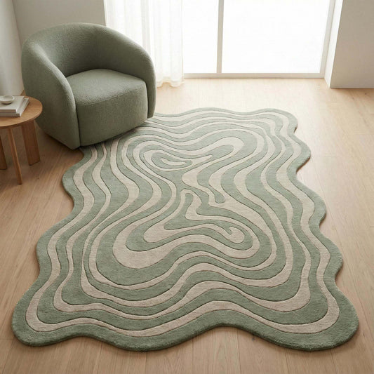 Irregular squiggly abstract sage green hand tufted accent rug with wavy lines and organic shape