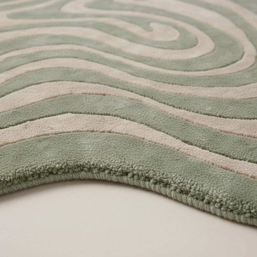 Close-up of hand tufted rug showing plush high pile texture, soft fibers, and dense craftsmanship