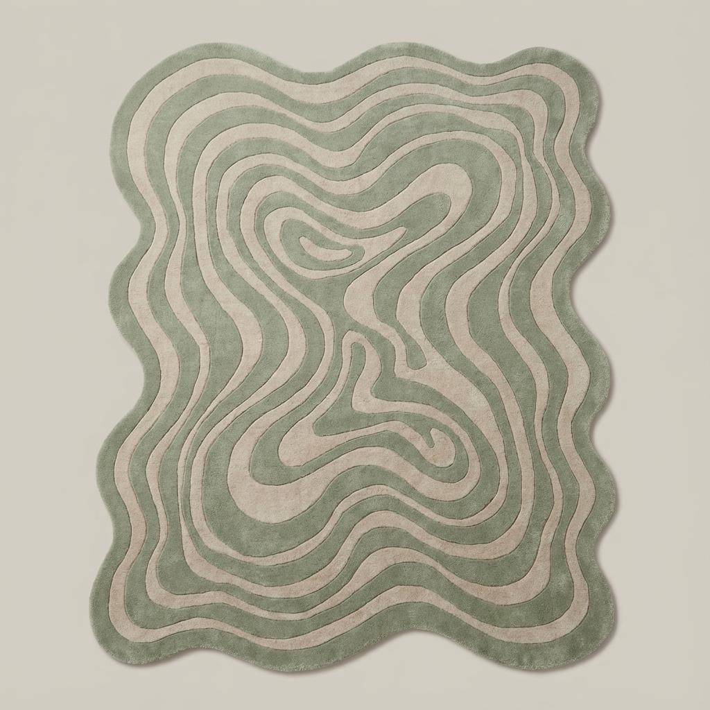 Organic shaped rug with flowing wavy line pattern and sculptural abstract form
