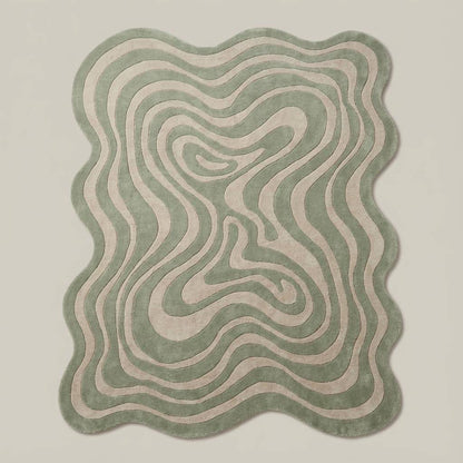 Organic shaped rug with flowing wavy line pattern and sculptural abstract form