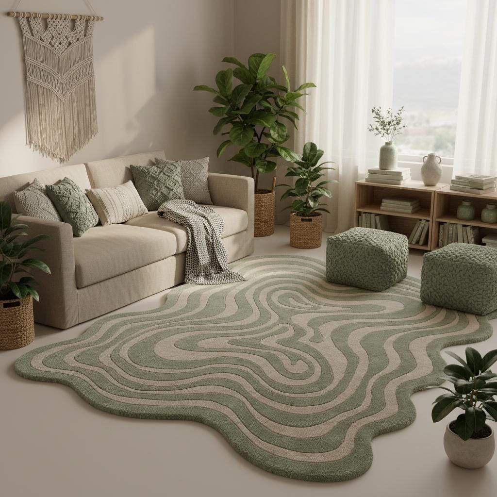 Modern sage green accent rug styled beside a lounge chair in a bright neutral interior