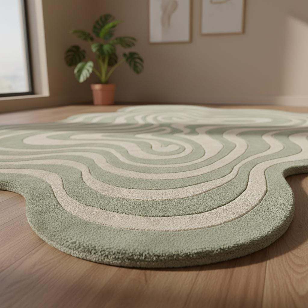 Irregular Squiggly Abstract Sage Green Rug, Modern Wavy Hand Tufted Accent Rug