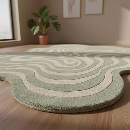 Irregular Squiggly Abstract Sage Green Rug, Modern Wavy Hand Tufted Accent Rug