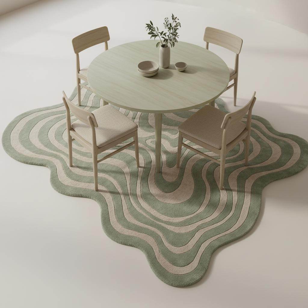Irregular Squiggly Abstract Sage Green Rug, Modern Wavy Hand Tufted Accent Rug