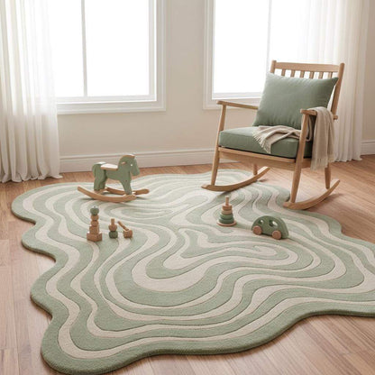 Sage green and beige abstract rug highlighting soft neutral tones and layered pattern