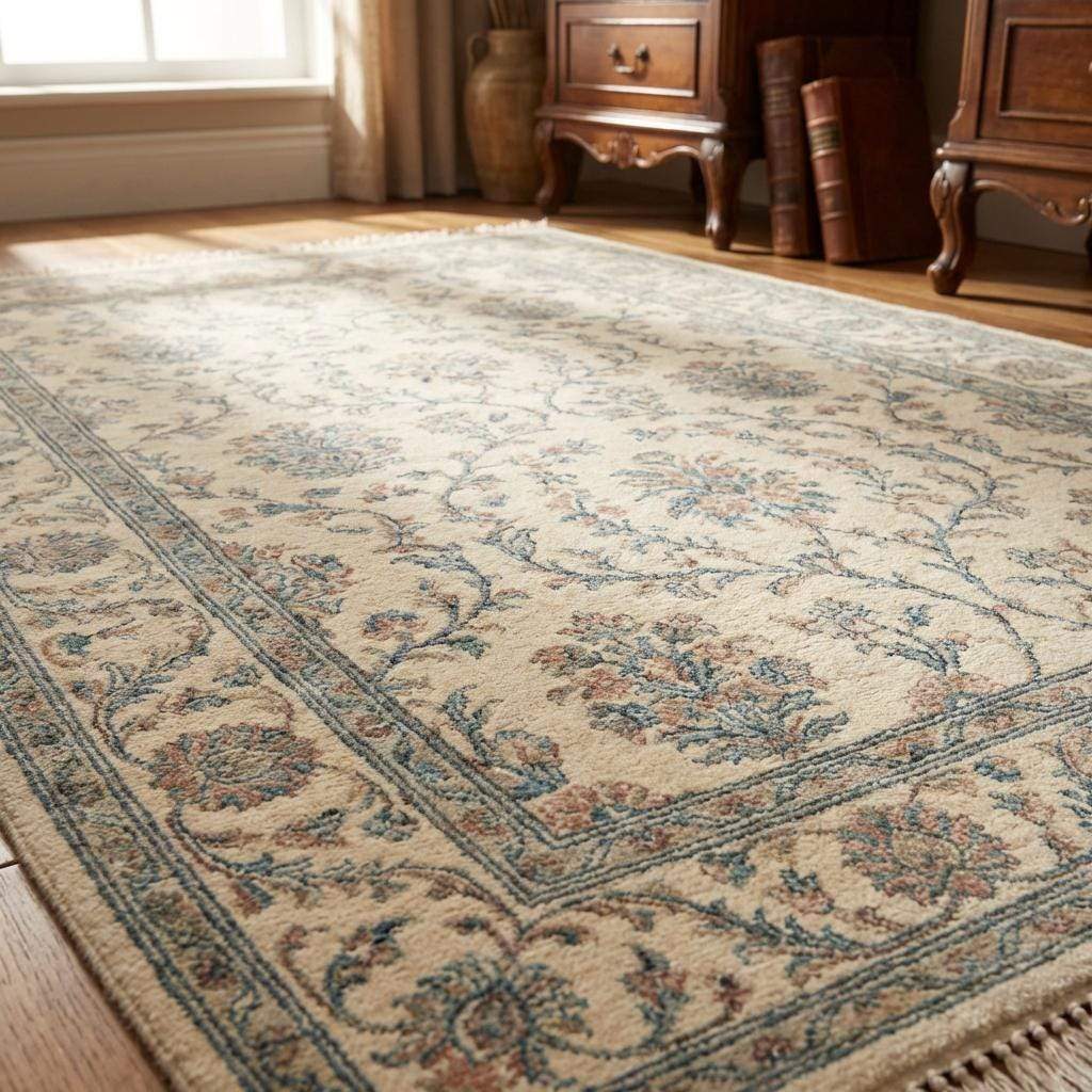 Ivory Blue Floral Hand Knotted Wool Area Rug