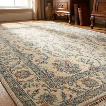 Ivory Blue Floral Hand Knotted Wool Area Rug