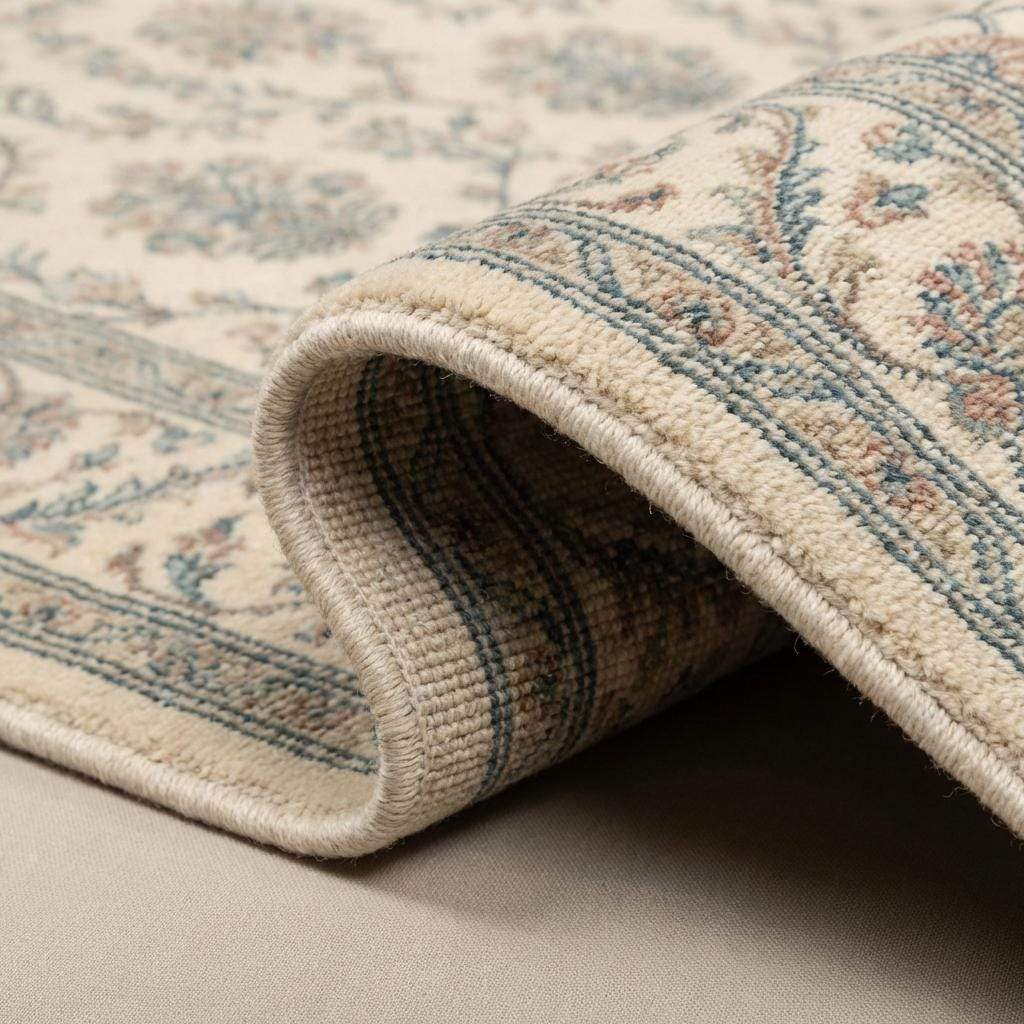 Ivory Blue Floral Hand Knotted Wool Area Rug