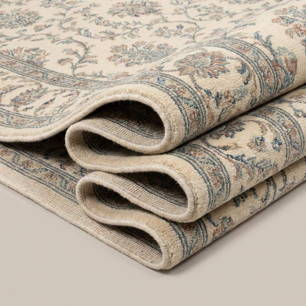 Ivory Blue Floral Hand Knotted Wool Area Rug