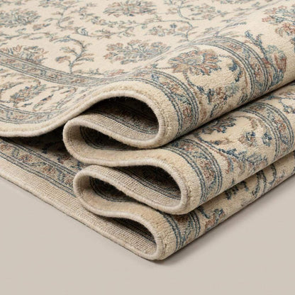 Ivory Blue Floral Hand Knotted Wool Area Rug