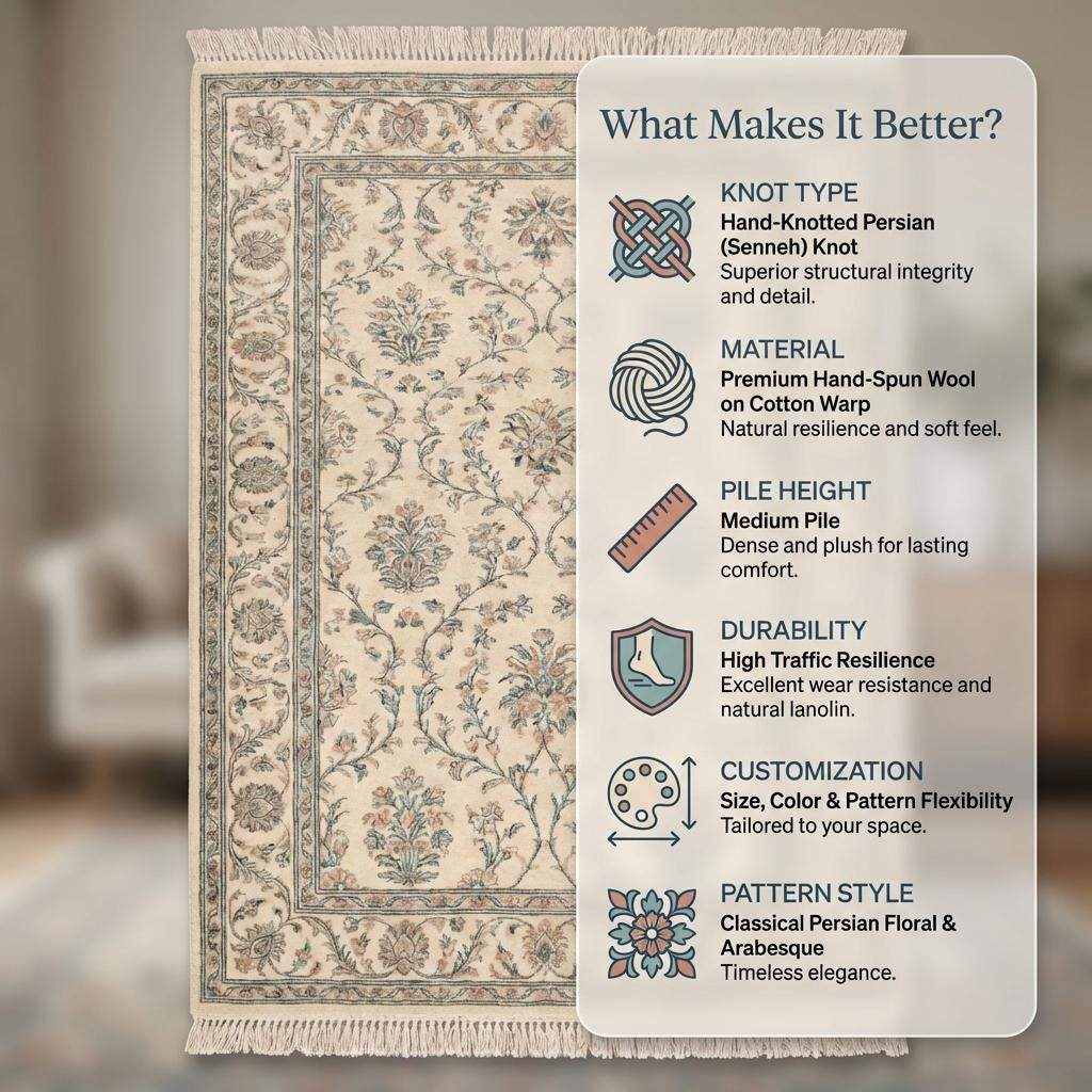 Ivory Blue Floral Hand Knotted Wool Area Rug