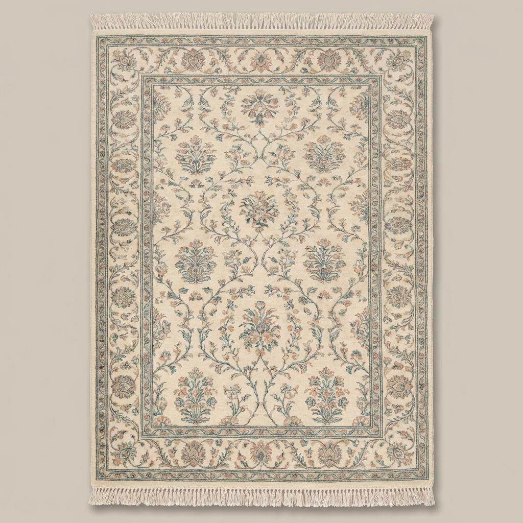 Traditional floral hand knotted rug with cotton fringe on wooden flooring