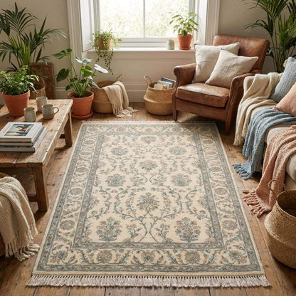 Persian style ivory blue wool rug styled in elegant home setting