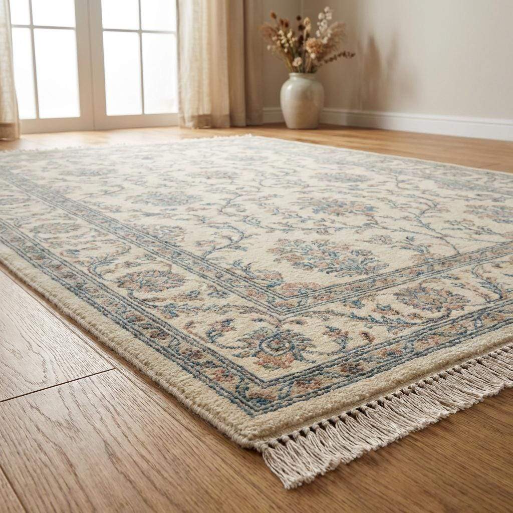 Ivory Blue Floral Hand Knotted Wool Area Rug